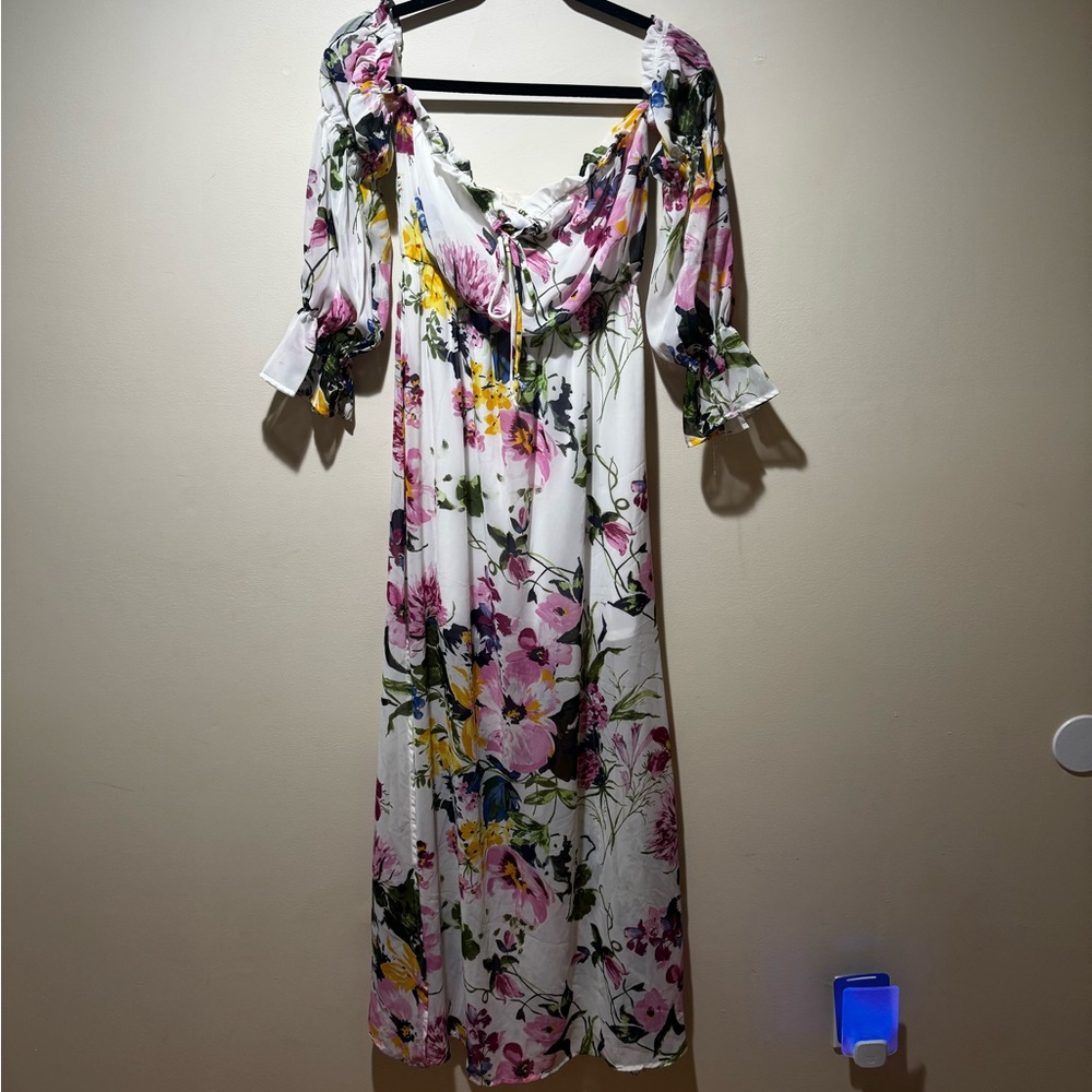 Peach Love California Floral Maxi Dress - Pink, Green, Yellow on White